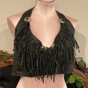 Vintage fringe Leather Fringed Halter Top Elastic Back Size XXXL Black